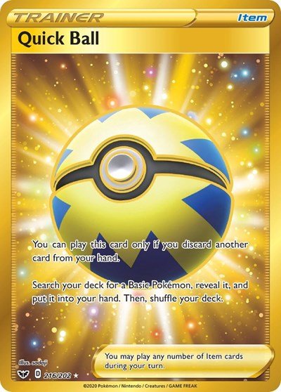 Pokémon card: Quick Ball 216/202 from Sword & Shield base set (Secret Rare), front of card