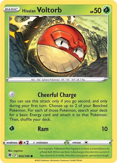 Pokémon card: Hisuian Voltorb 002/189 from Astral Radiance (Common), Grass type, front of card