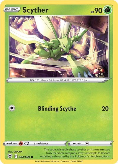 Pokémon card: Scyther 004/189 from Astral Radiance (Common), Grass type, front of card