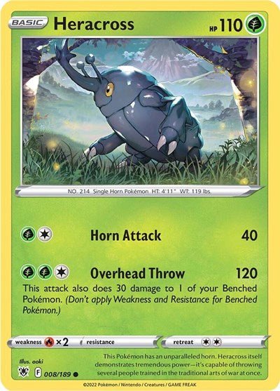 Pokémon card: Heracross 008/189 from Astral Radiance (Common), Grass type, front of card