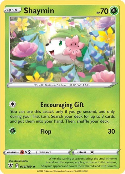 Pokémon card: Shaymin 014/189 from Astral Radiance (Rare), Grass type, front of card