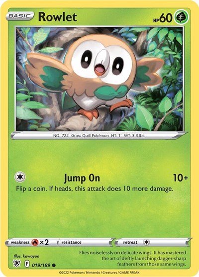 Pokémon card: Rowlet 019/189 from Astral Radiance (Common), Grass type, front of card