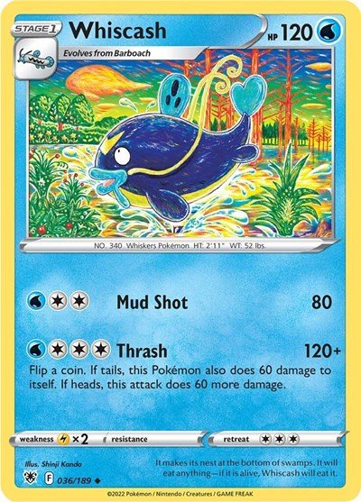 Pokémon card: Whiscash 036/189 from Astral Radiance (Uncommon), Water type, front of card