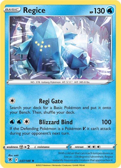 Pokémon card: Regice 037/189 from Astral Radiance (Rare), Water type, front of card
