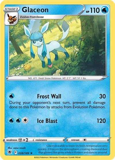 Pokémon card: Glaceon 038/189 from Astral Radiance (Rare), Water type, front of card