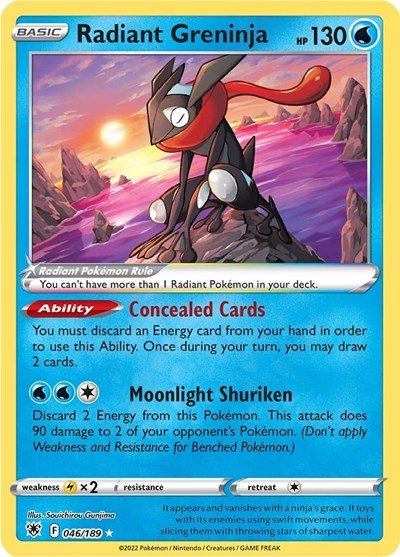 Pokémon card: Radiant Greninja 046/189 from Astral Radiance (Radiant Rare), Water type, front of card