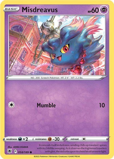 Pokémon card: Misdreavus 058/189 from Astral Radiance (Common), Psychic type, front of card