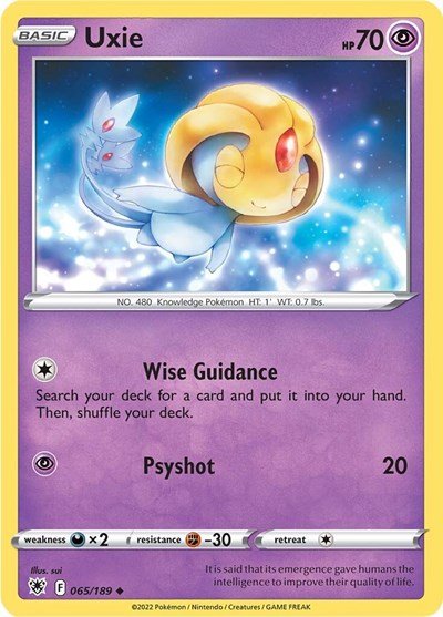 Pokémon card: Uxie 065/189 from Astral Radiance (Uncommon), Psychic type, front of card