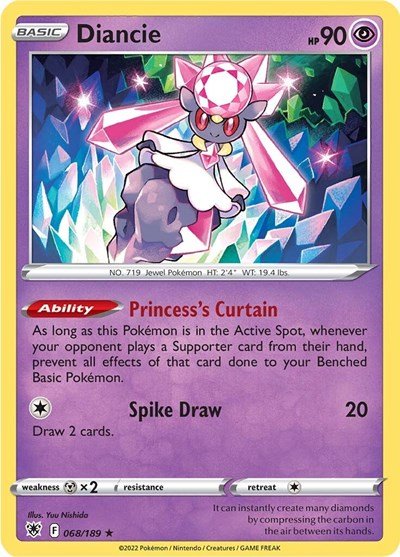 Pokémon card: Diancie 068/189 from Astral Radiance (Holo Rare), Psychic type, front of card