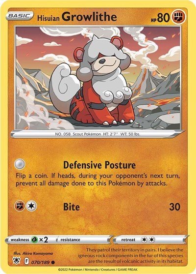 Pokémon card: Hisuian Growlithe 070/189 from Astral Radiance (Common), Fighting type, front of card