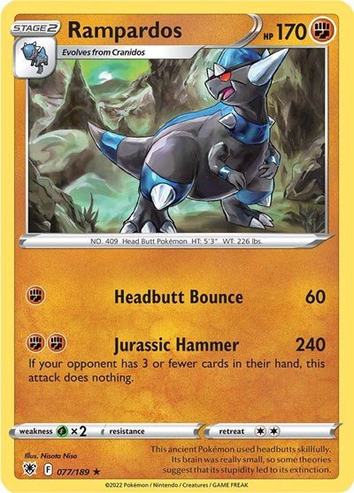 Pokémon card: Rampardos 077/189 from Astral Radiance (Holo Rare), Fighting type, front of card