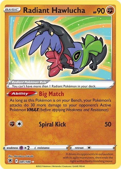 Pokémon card: Radiant Hawlucha 081/189 from Astral Radiance (Radiant Rare), Fighting type, front of card
