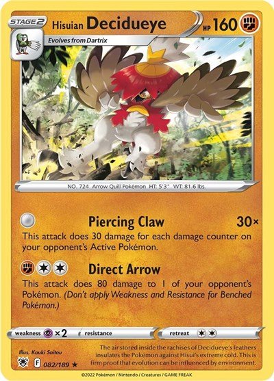 Pokémon card: Hisuian Decidueye 082/189 from Astral Radiance (Holo Rare), Fighting type, front of card