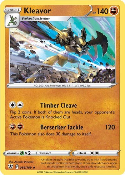 Pokémon card: Kleavor 086/189 from Astral Radiance (Holo Rare), Fighting type, front of card
