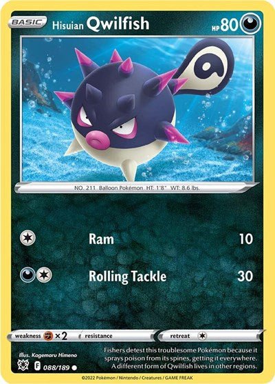 Pokémon card: Hisuian Qwilfish 088/189 from Astral Radiance (Common), Darkness type, front of card