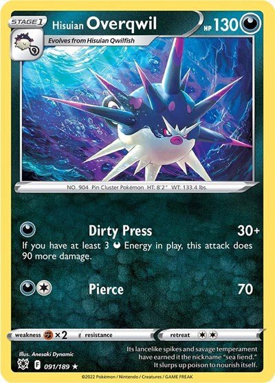 Pokémon card: Hisuian Overqwil 091/189 from Astral Radiance (Rare), Darkness type, front of card