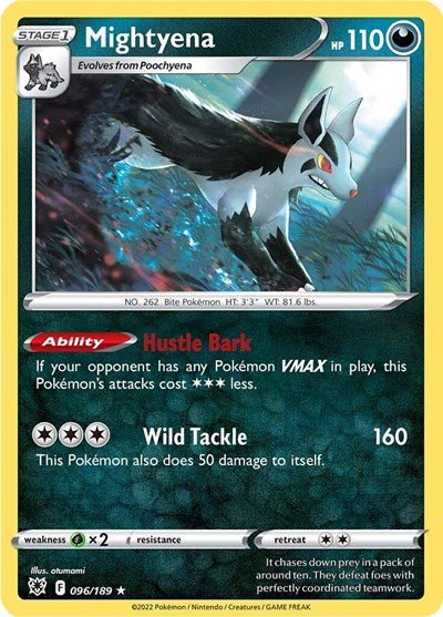 Pokémon card: Mightyena 096/189 from Astral Radiance (Rare), Darkness type, front of card