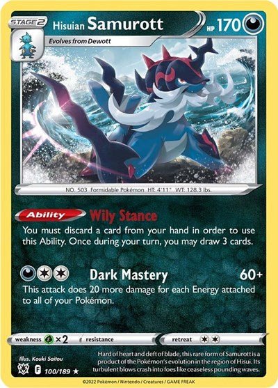 Pokémon card: Hisuian Samurott 100/189 from Astral Radiance (Holo Rare), Darkness type, front of card