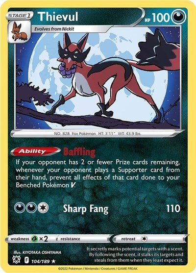 Pokémon card: Thievul 104/189 from Astral Radiance (Rare), Darkness type, front of card