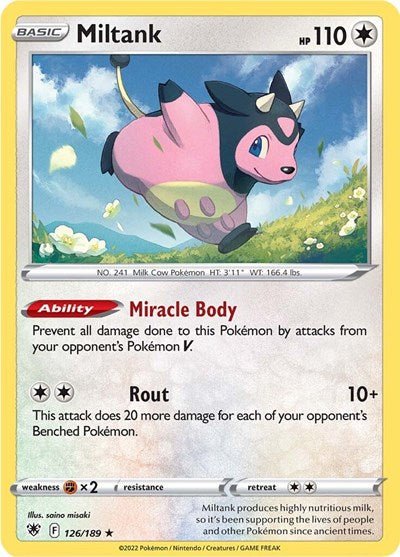 Pokémon card: Miltank 126/189 from Astral Radiance (Holo Rare), Colorless type, front of card