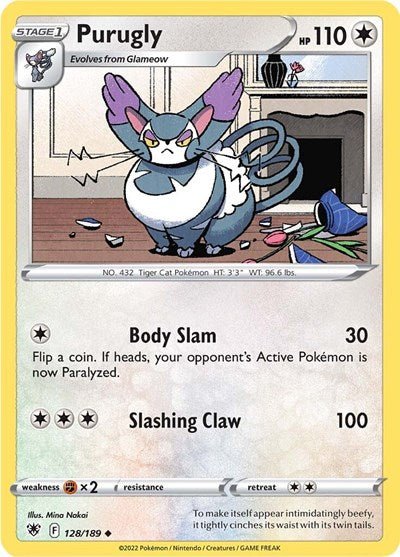 Pokémon card: Purugly 128/189 from Astral Radiance (Uncommon), Colorless type, front of card