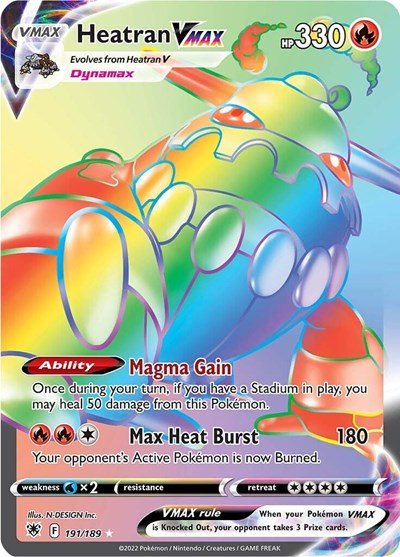 Pokémon card: Heatran VMAX 191/189 from Astral Radiance (Secret Rare), Fire type, front of card