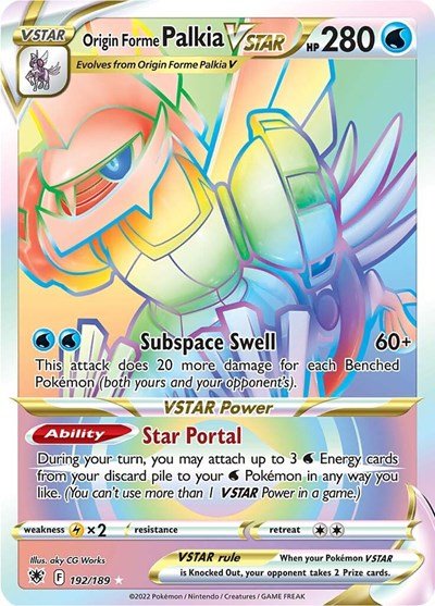 Pokémon card: Origin Forme Palkia VSTAR 192/189 from Astral Radiance (Secret Rare), Water type, front of card