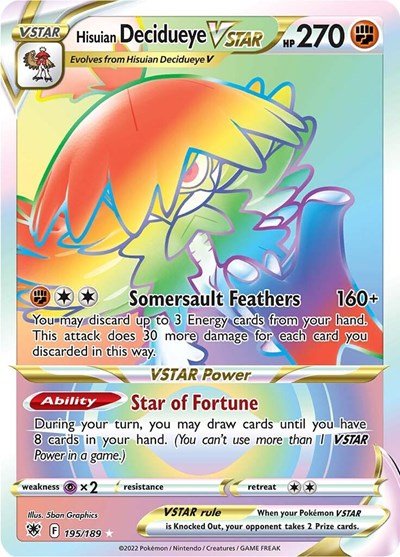 Pokémon card: Hisuian Decidueye VSTAR 195/189 from Astral Radiance (Secret Rare), Fighting type, front of card
