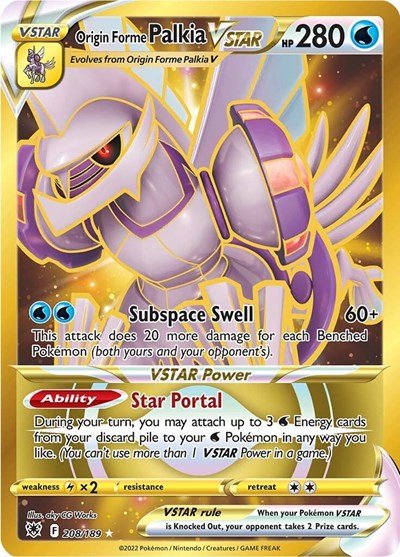 Pokémon card: Origin Forme Palkia VSTAR 208/189 from Astral Radiance (Secret Rare), Water type, front of card
