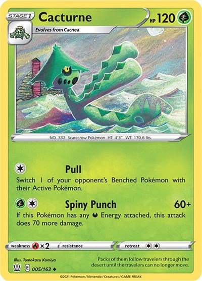 Pokémon card: Cacturne 005/163 from Battle Styles (Uncommon), Grass type, front of card
