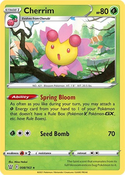 Pokémon card: Cherrim 008/163 from Battle Styles (Holo Rare), Grass type, front of card