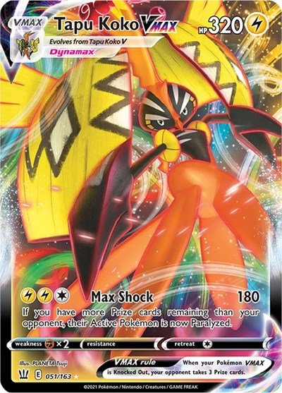 Pokémon card: Tapu Koko VMAX 051/163 from Battle Styles (Ultra Rare), Lightning type, front of card