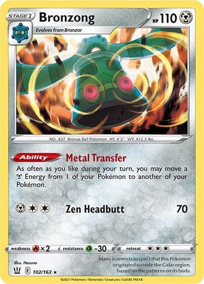 Pokémon card: Bronzong 102/163 from Battle Styles (Holo Rare), Metal type, front of card