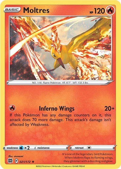 Pokémon card: Moltres 021/172 from Brilliant Stars (Holo Rare), Fire type, front of card