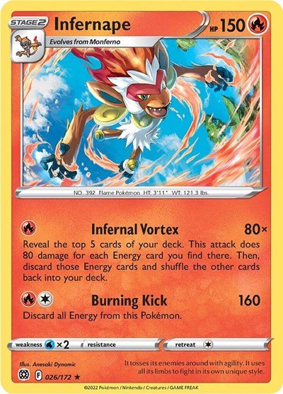 Pokémon card: Infernape 026/172 from Brilliant Stars (Holo Rare), Fire type, front of card