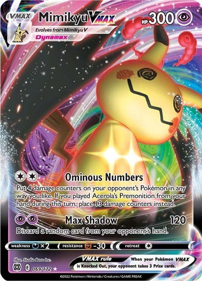 Pokémon card: Mimikyu VMAX 069/172 from Brilliant Stars (Ultra Rare), Psychic type, front of card