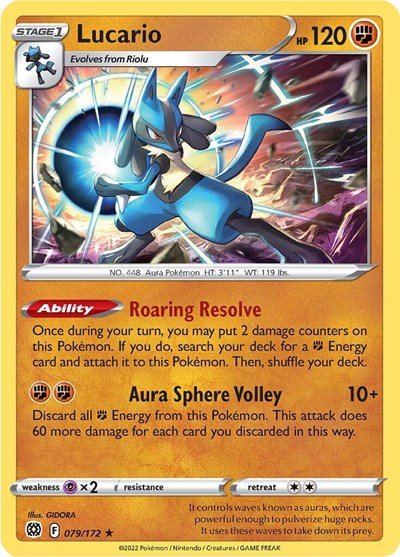 Pokémon card: Lucario 079/172 from Brilliant Stars (Holo Rare), Fighting type, front of card