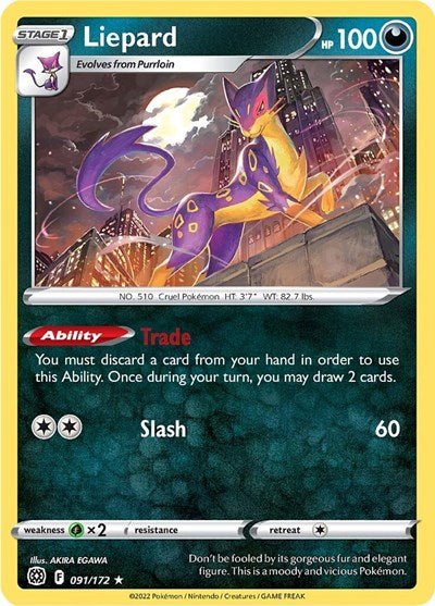 Pokémon card: Liepard 091/172 from Brilliant Stars (Rare), Darkness type, front of card