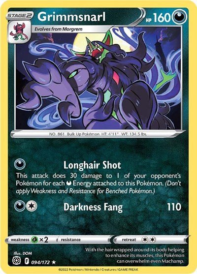 Pokémon card: Grimmsnarl 094/172 from Brilliant Stars (Rare), Darkness type, front of card