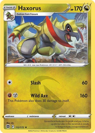 Pokémon card: Haxorus 112/172 from Brilliant Stars (Rare), Dragon type, front of card