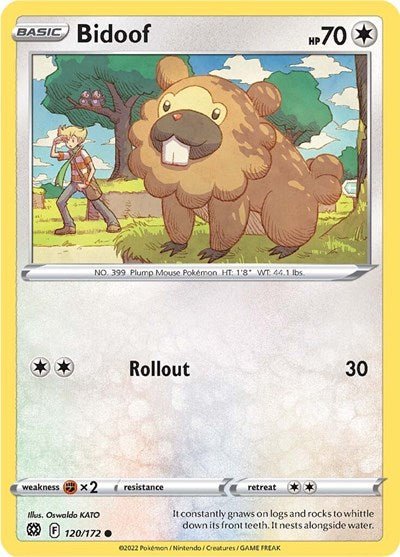 Pokémon card: Bidoof 120/172 from Brilliant Stars (Common), Colorless type, front of card