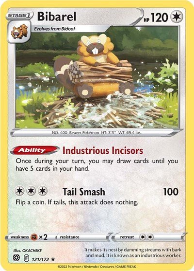 Pokémon card: Bibarel 121/172 from Brilliant Stars (Holo Rare), Colorless type, front of card