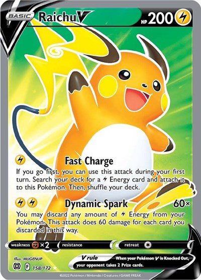 Pokémon card: Raichu V (Full Art) 158/172 from Brilliant Stars (Ultra Rare), Lightning type, front of card
