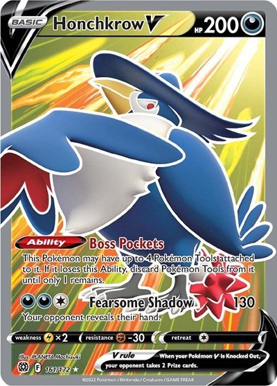 Pokémon card: Honchkrow V (Full Art) 161/172 from Brilliant Stars (Ultra Rare), Darkness type, front of card