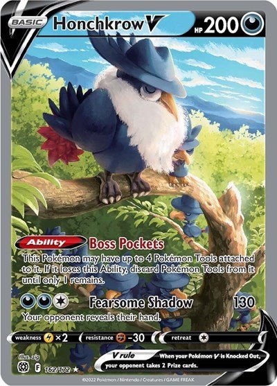 Pokémon card: Honchkrow V (Alternate Full Art) 162/172 from Brilliant Stars (Ultra Rare), Darkness type, front of card