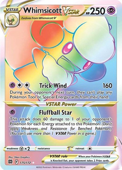 Pokémon card: Whimsicott VSTAR 175/172 from Brilliant Stars (Secret Rare), Psychic type, front of card