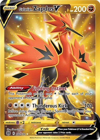 Pokémon card: Galarian Zapdos V 182/172 from Brilliant Stars (Secret Rare), Fighting type, front of card