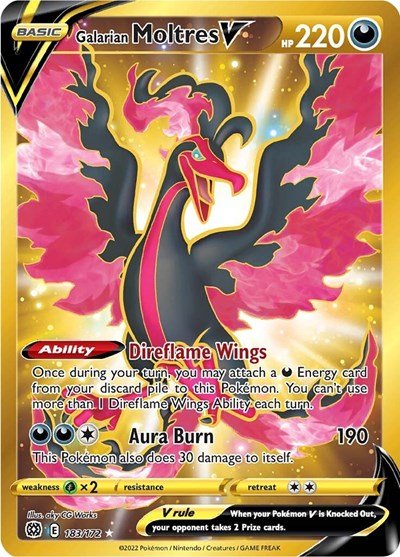 Pokémon card: Galarian Moltres V 183/172 from Brilliant Stars (Secret Rare), Darkness type, front of card