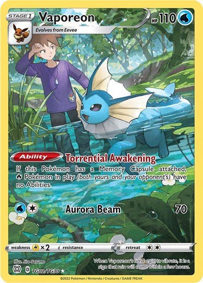 Pokémon card: Vaporeon TG02/TG30 from Brilliant Stars Trainer Gallery (Ultra Rare), Water type, front of card