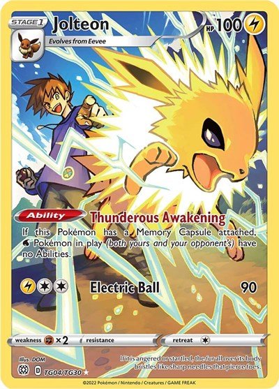 Pokémon card: Jolteon TG04/TG30 from Brilliant Stars Trainer Gallery (Ultra Rare), Lightning type, front of card